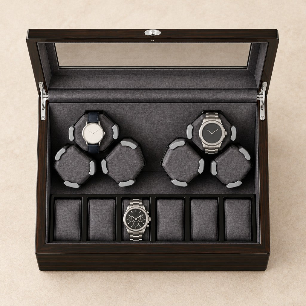 Top view of the open winder with watches of three sizes on the pillows