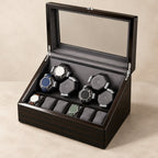 6-watch winder box with 6 storage slots, glass lid open