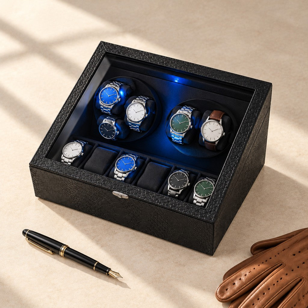 6-watch winder box closed, beside a fountain pen and leather gloves