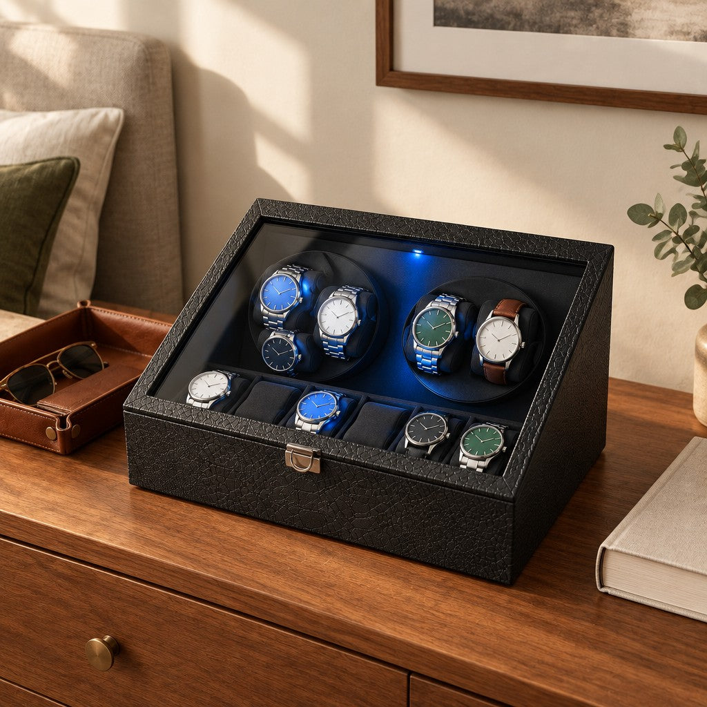 6-watch winder box on a wooden chest of drawers beside a valet tray and a book