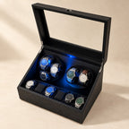 Black 6-watch winder box with the lid open, two rotors and six storage slots