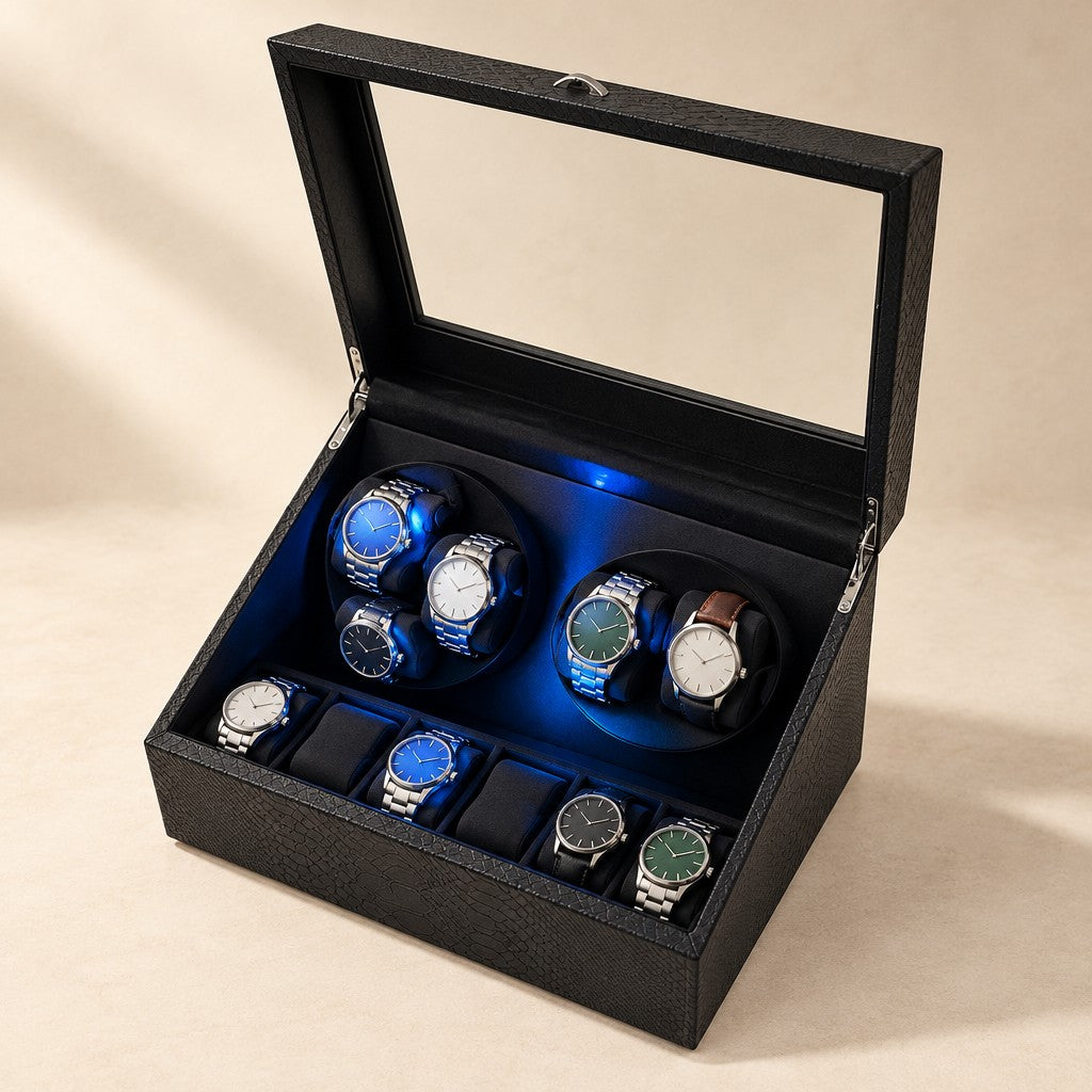 Black 6-watch winder box with the lid open, two rotors and six storage slots