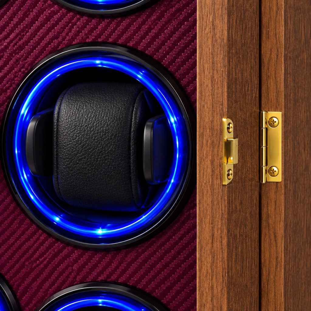 Close-up of a rotor pillow, its blue light ring and the gold latch