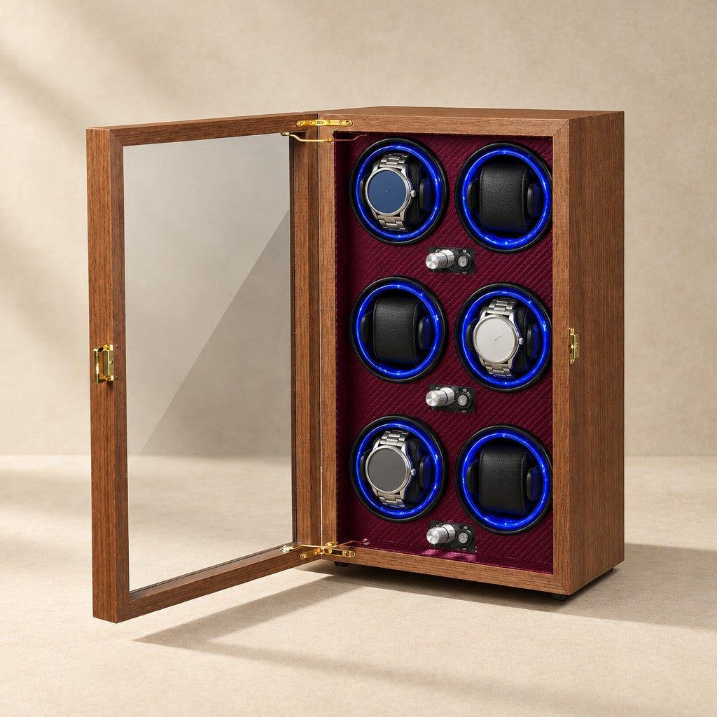 Walnut 6-watch winder cabinet with red interior, glass door open