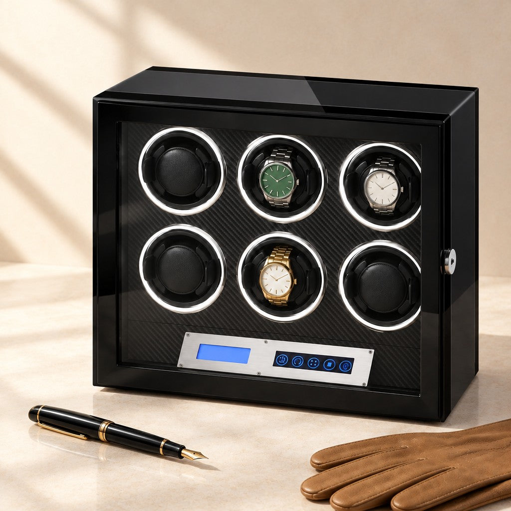 6-watch winder closed, beside a fountain pen and leather gloves