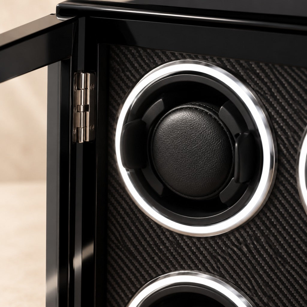 Close-up of a cushioned winding cup on the carbon-pattern panel