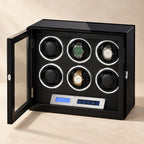 Gloss-black 6-watch winder with the front open, watches on three cups