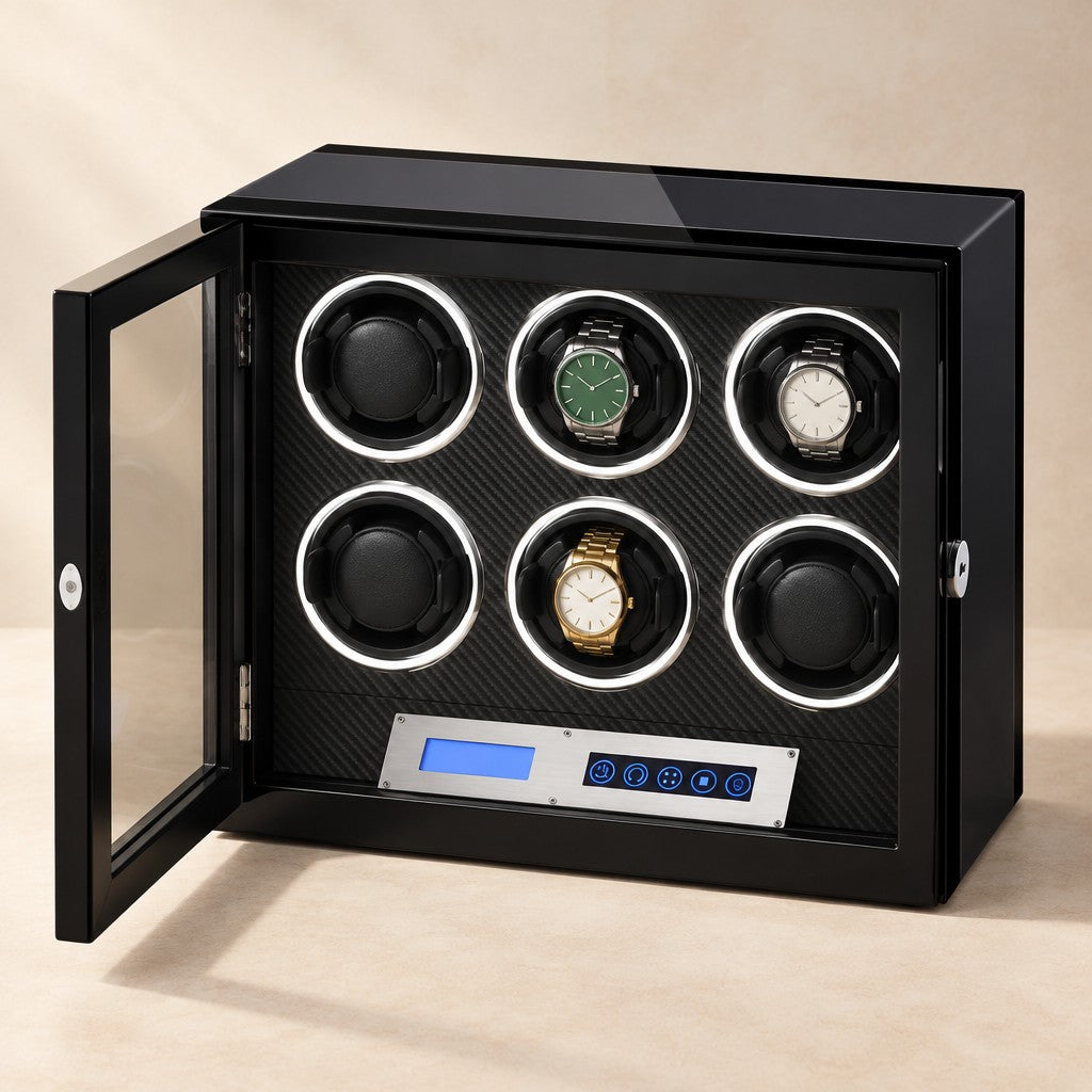 Gloss-black 6-watch winder with the front open, watches on three cups