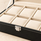 Close-up of the lining and clasp of the 8-slot black faux leather watch box