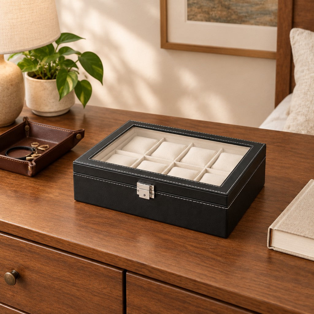 8-slot black faux leather watch box on a chest of drawers, for scale