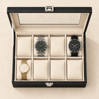 Top view of the 8-slot black faux leather watch box with a 36 mm, a 42 mm and a 45 mm watch