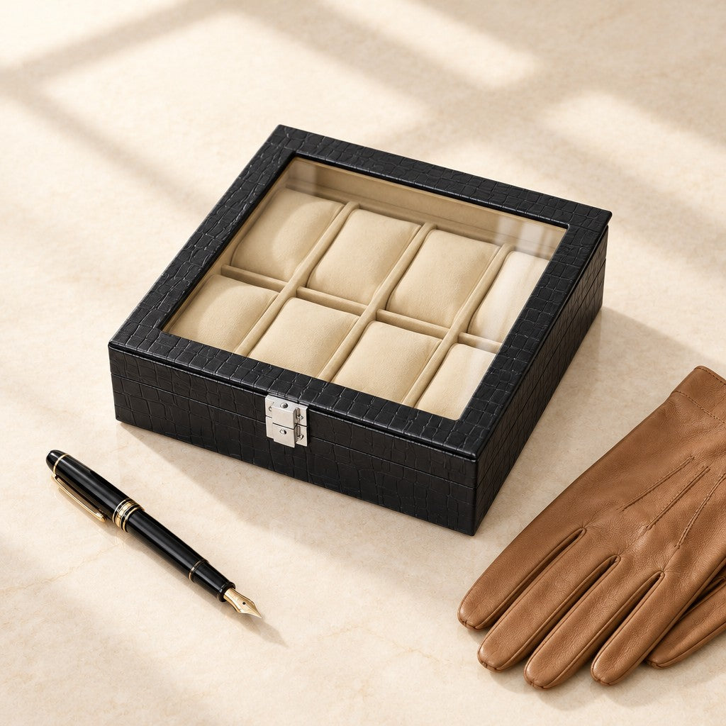 8-slot black croc-texture watch box with a glass lid closed, beside a fountain pen and leather gloves