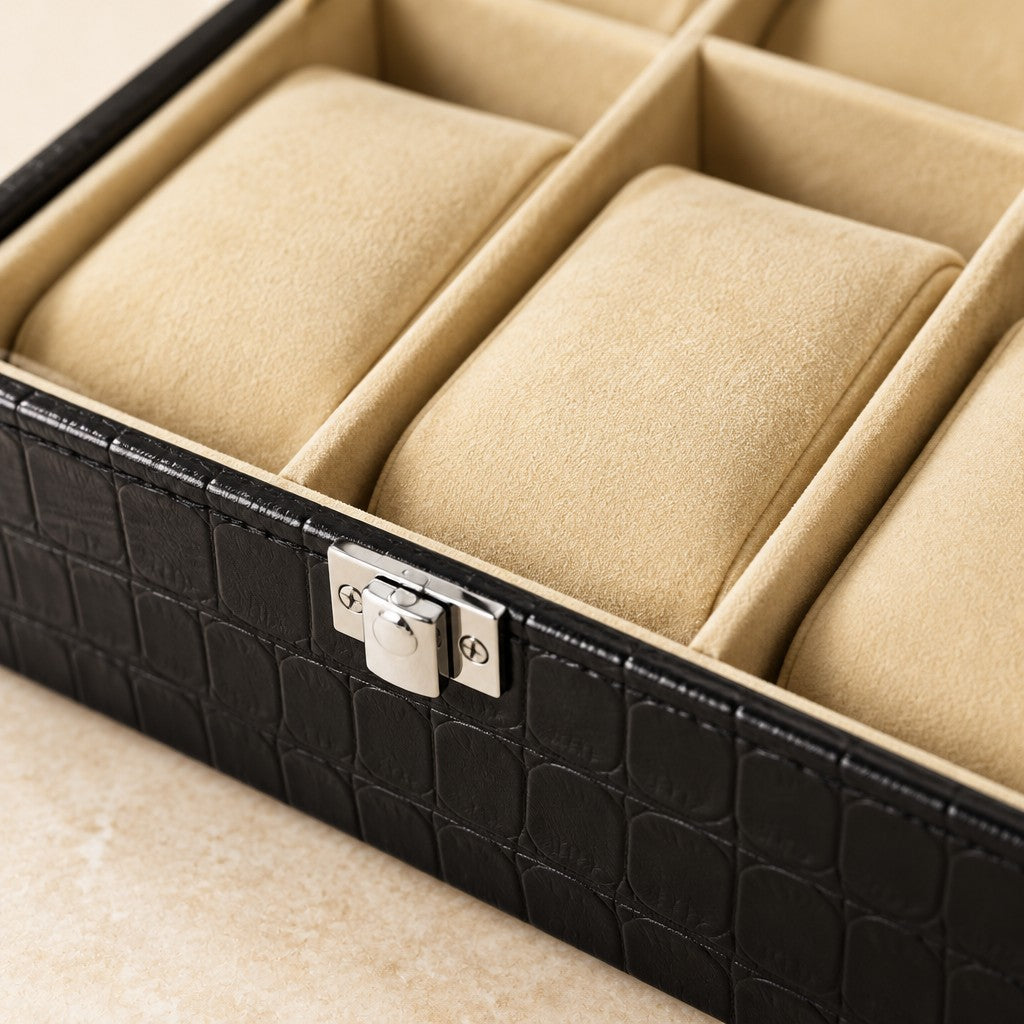 Close-up of the lining and metal clasp of the 8-slot croc-texture watch box