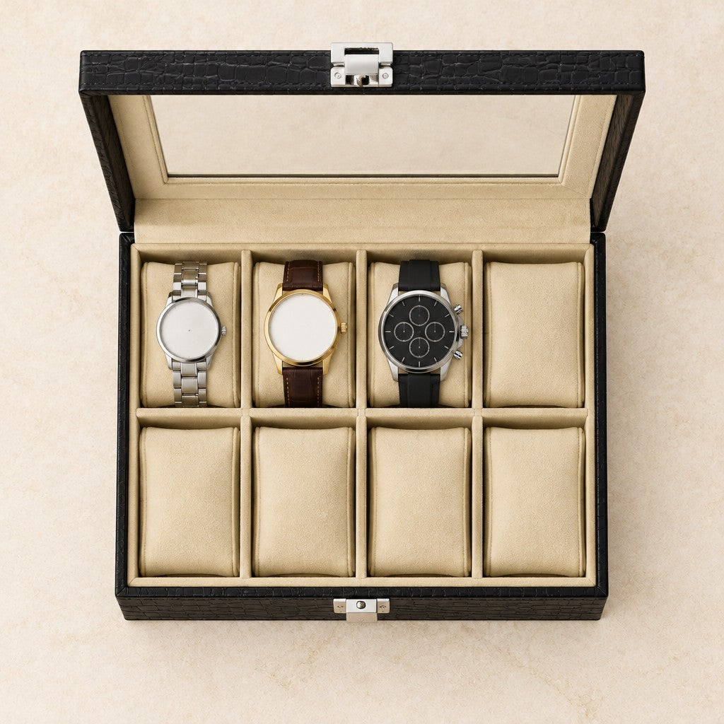 Top view of the 8-slot croc-texture watch box with watches of different sizes