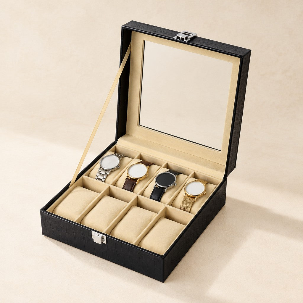 8-slot black croc-texture watch box with a glass lid with the lid open