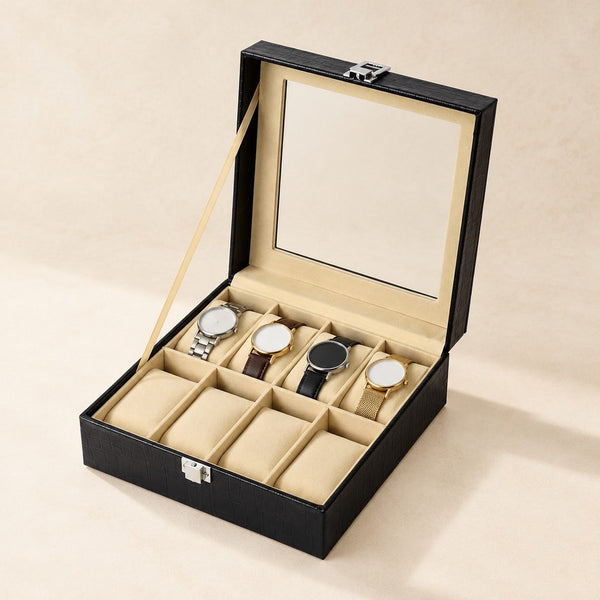 8-Slot Croc-Texture Watch Box with Glass Lid