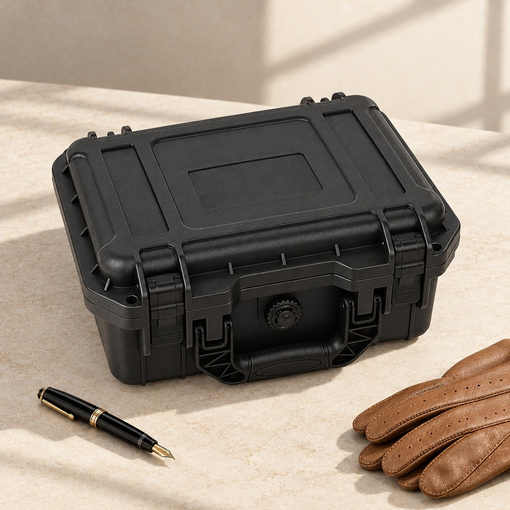Black protective watch case closed, beside a fountain pen and leather gloves
