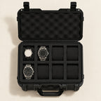 Top view of the 8-slot protective hard watch case with a 36 mm, a 42 mm and a 45 mm watch