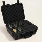8-slot protective hard watch case, open with five watches on foam pillows