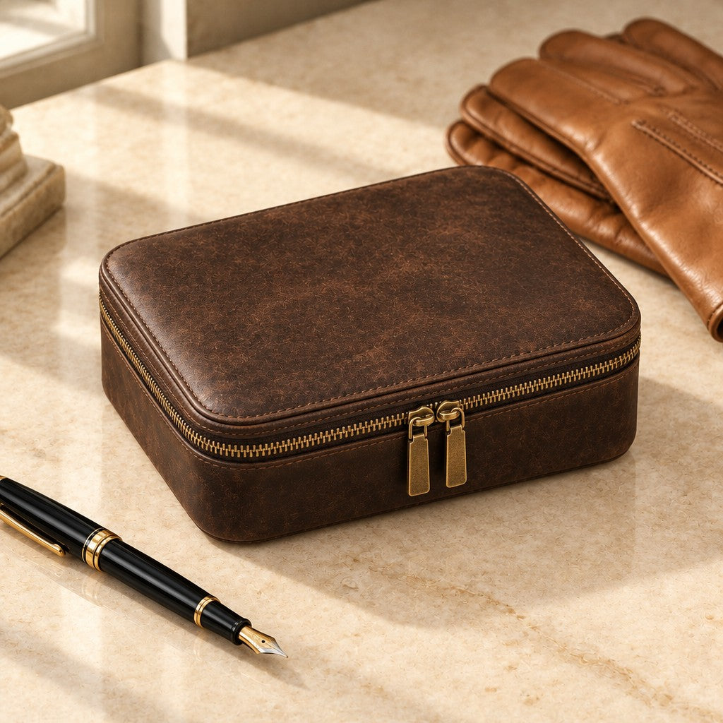 Vintage leather watch box zipped shut, beside a fountain pen and leather gloves