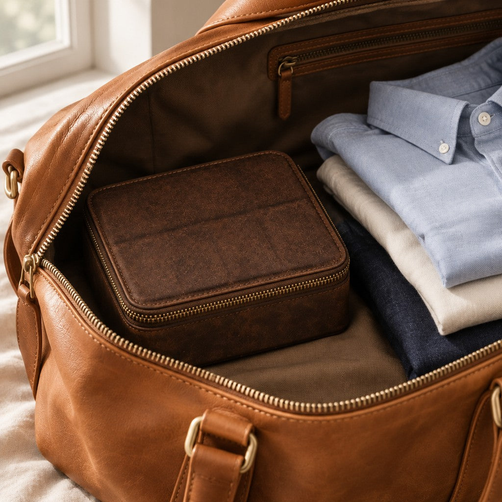 The 8 slot vintage leather watch box packed in a leather weekender bag, for scale