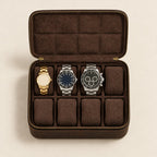 Top view of the 8 slot vintage leather watch box with a 36 mm, a 42 mm and a 45 mm watch