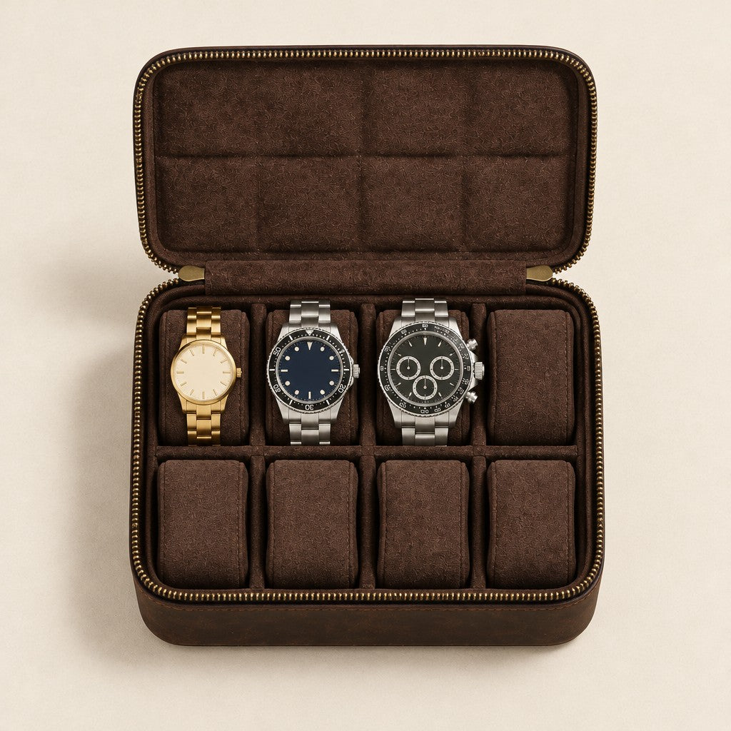 Top view of the 8 slot vintage leather watch box with a 36 mm, a 42 mm and a 45 mm watch