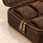 Close-up of the brass double zipper and distressed leather of the watch box