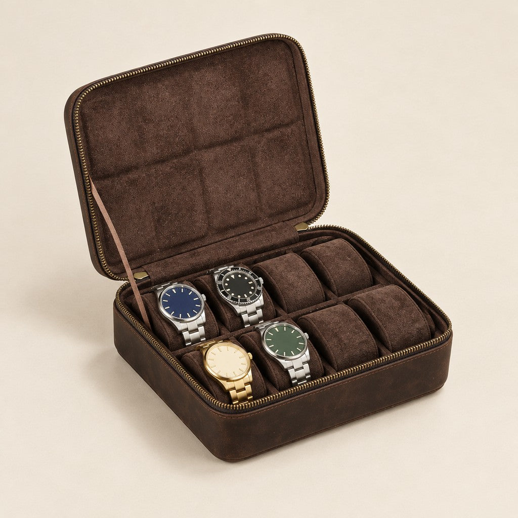 8-slot vintage brown leather watch box, open with four watches