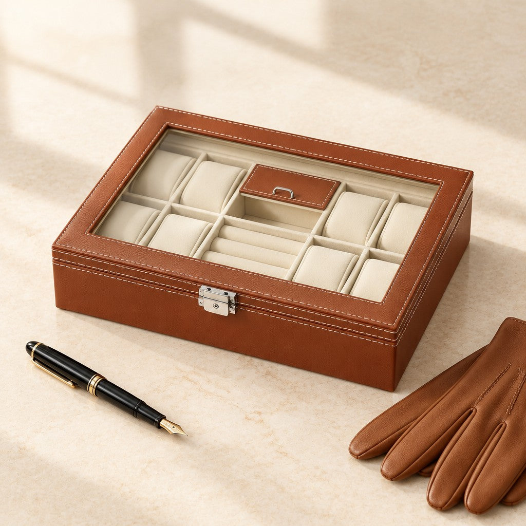 8-slot watch and jewelry box in brown faux leather closed, beside a fountain pen and leather gloves