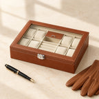 8-slot watch and jewelry box in brown faux leather closed, beside a fountain pen and leather gloves
