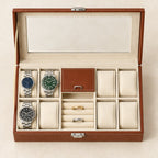 Top view of the 8-slot watch and jewelry box with watches of different sizes