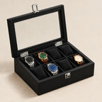 8-slot wooden watch box in matte black, glass lid open