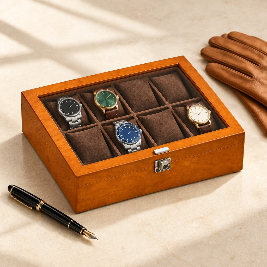 8-slot coffee wooden watch box closed, beside a fountain pen and leather gloves