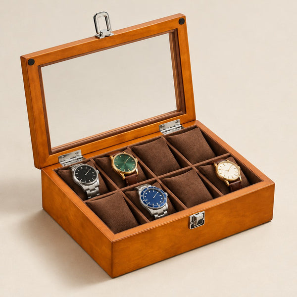 8-Slot Wooden Watch Box with Glass Lid