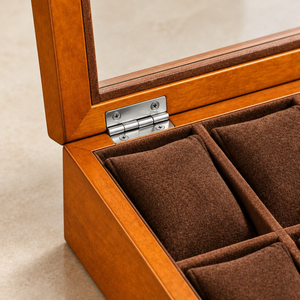 Close-up of the wood finish and silver-tone clasp of the 8-slot watch box