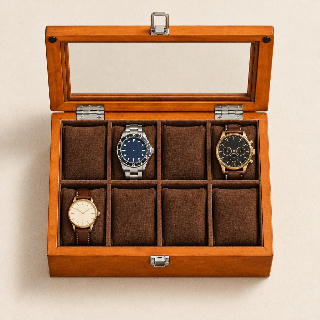 Top view of the 8-slot wooden watch box with a 36 mm, a 42 mm and a 45 mm watch