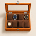 Top view of the 8-slot wooden watch box with a 36 mm, a 42 mm and a 45 mm watch