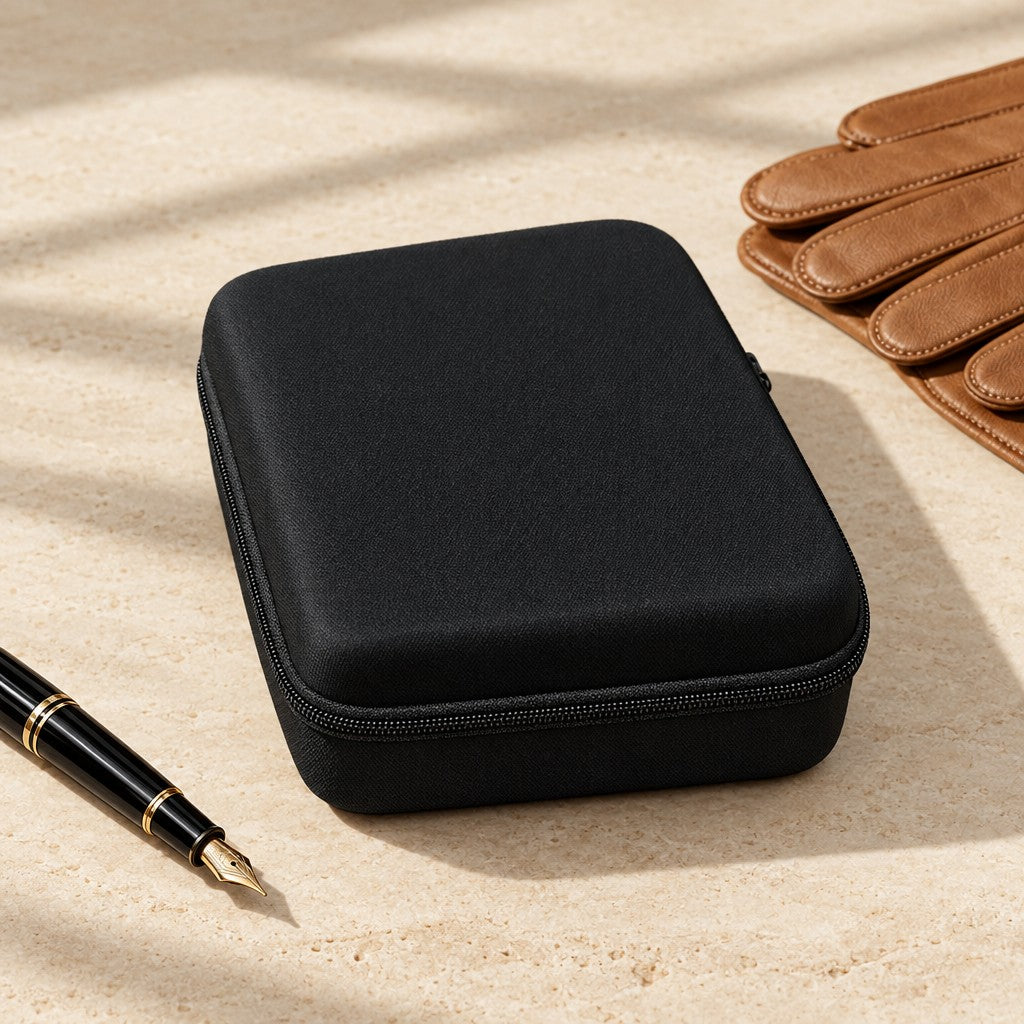 Black zippered watch case closed, beside a fountain pen and leather gloves