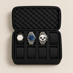 Top view of the 8-slot zippered hard-shell watch case with a 36 mm, a 42 mm and a 45 mm watch