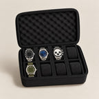 8-slot zippered hard-shell watch case, open with four watches