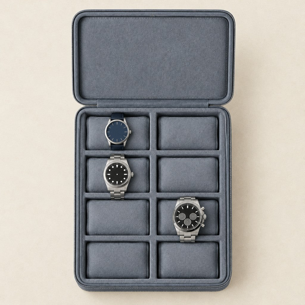 Top view of the 8-slot leather watch box with watches of three sizes