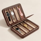 8-slot zippered faux leather watch case in brown, open with four watches