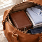 The 8 slot zippered watch case packed in a leather weekender bag, for scale