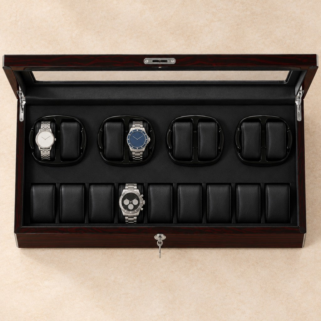 Top view of the open winder with watches of three sizes on the pillows