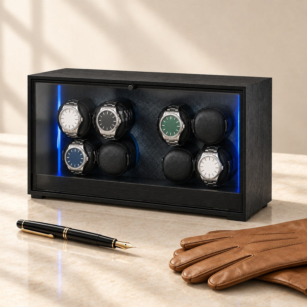 8-watch winder cabinet closed, beside a fountain pen and leather gloves