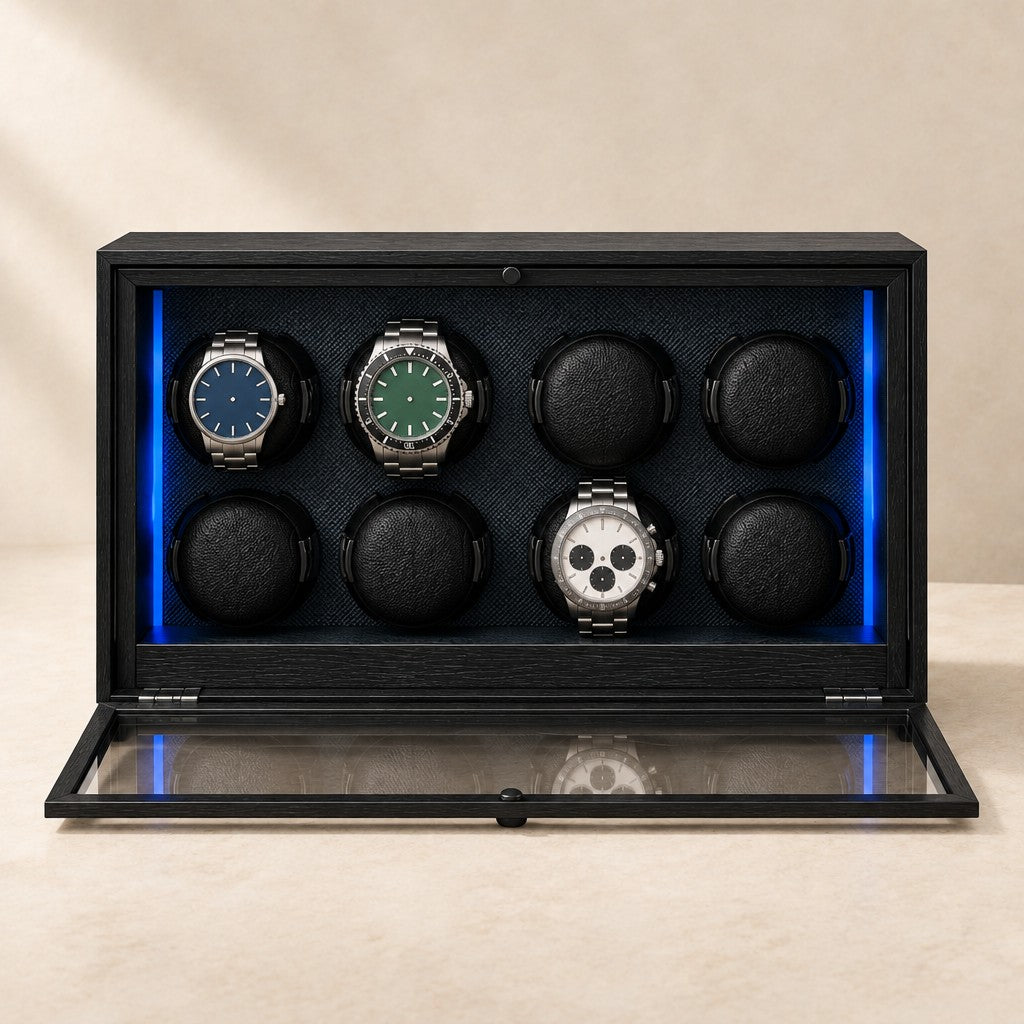 Front view of the eight pillows with watches of different sizes