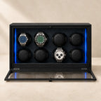 Front view of the eight pillows with watches of different sizes