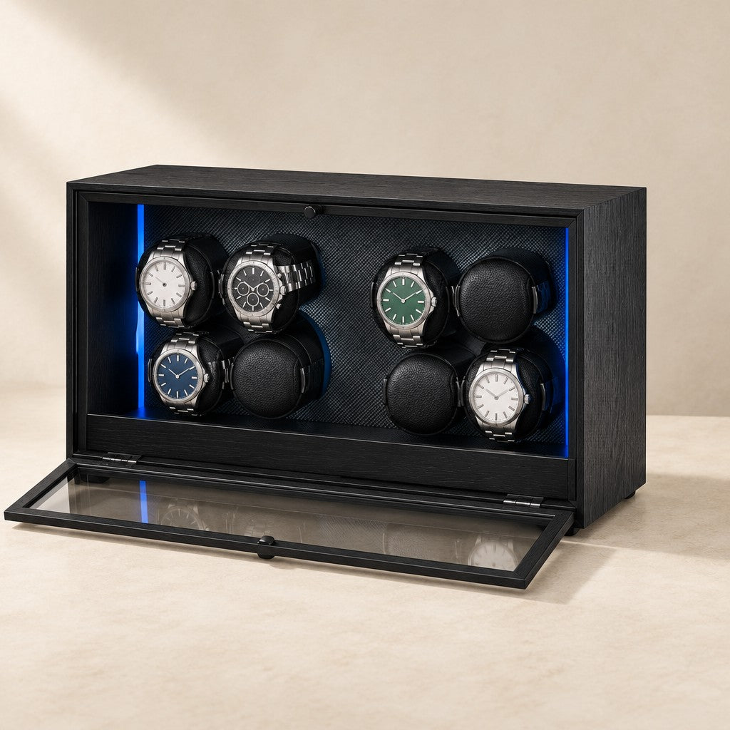 Black wood-grain 8-watch winder cabinet with the glass front lowered and four watches