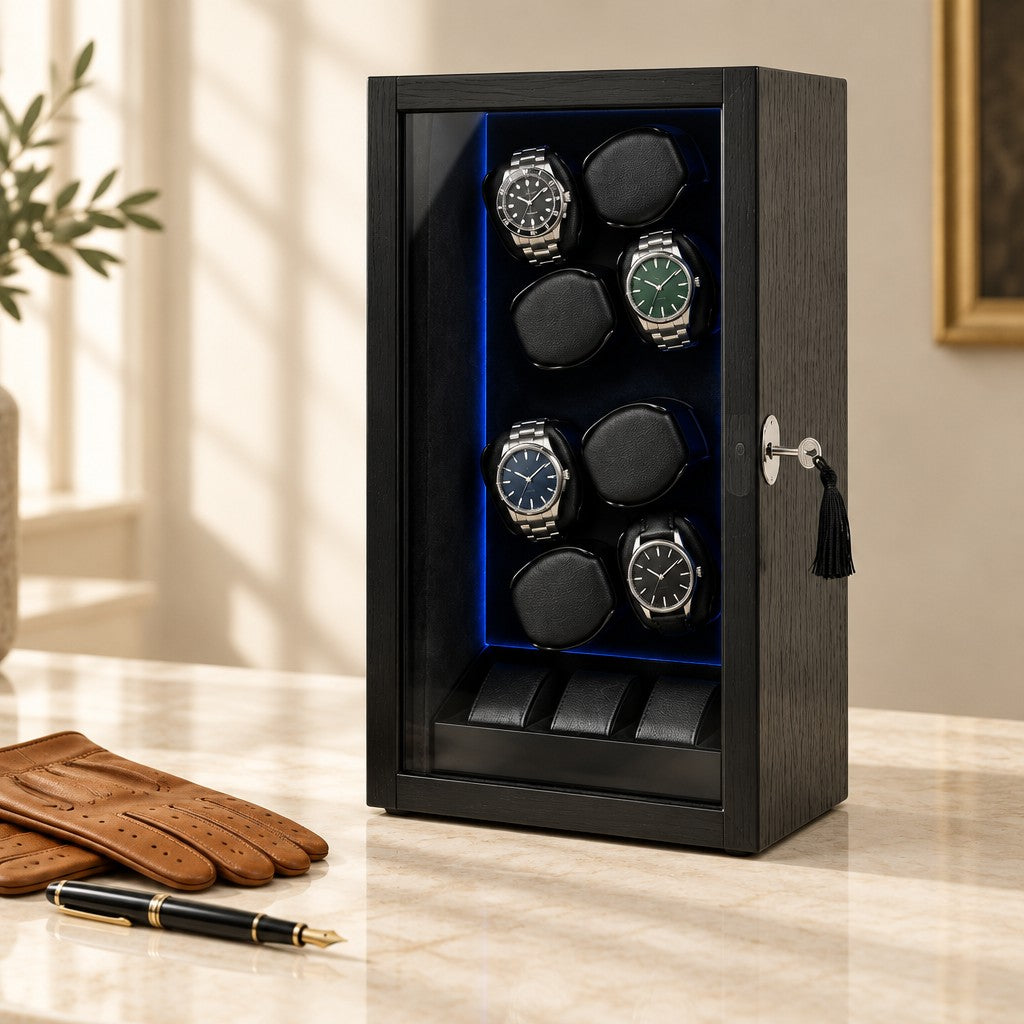 8-watch winder cabinet closed, beside a fountain pen and leather gloves